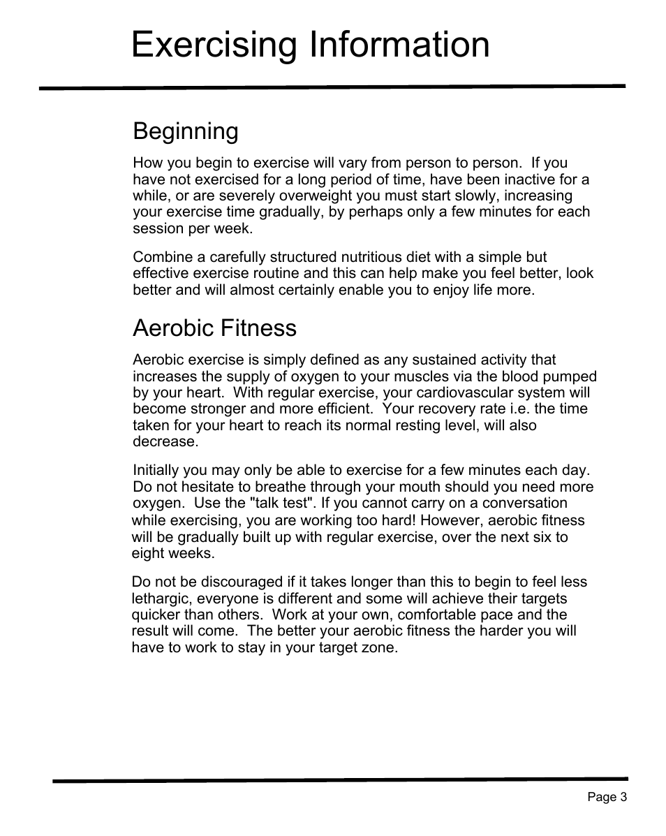 Exercising information, Beginning, Aerobic fitness | Sunny Health & Fitness SF-B1004 User Manual | Page 4 / 18