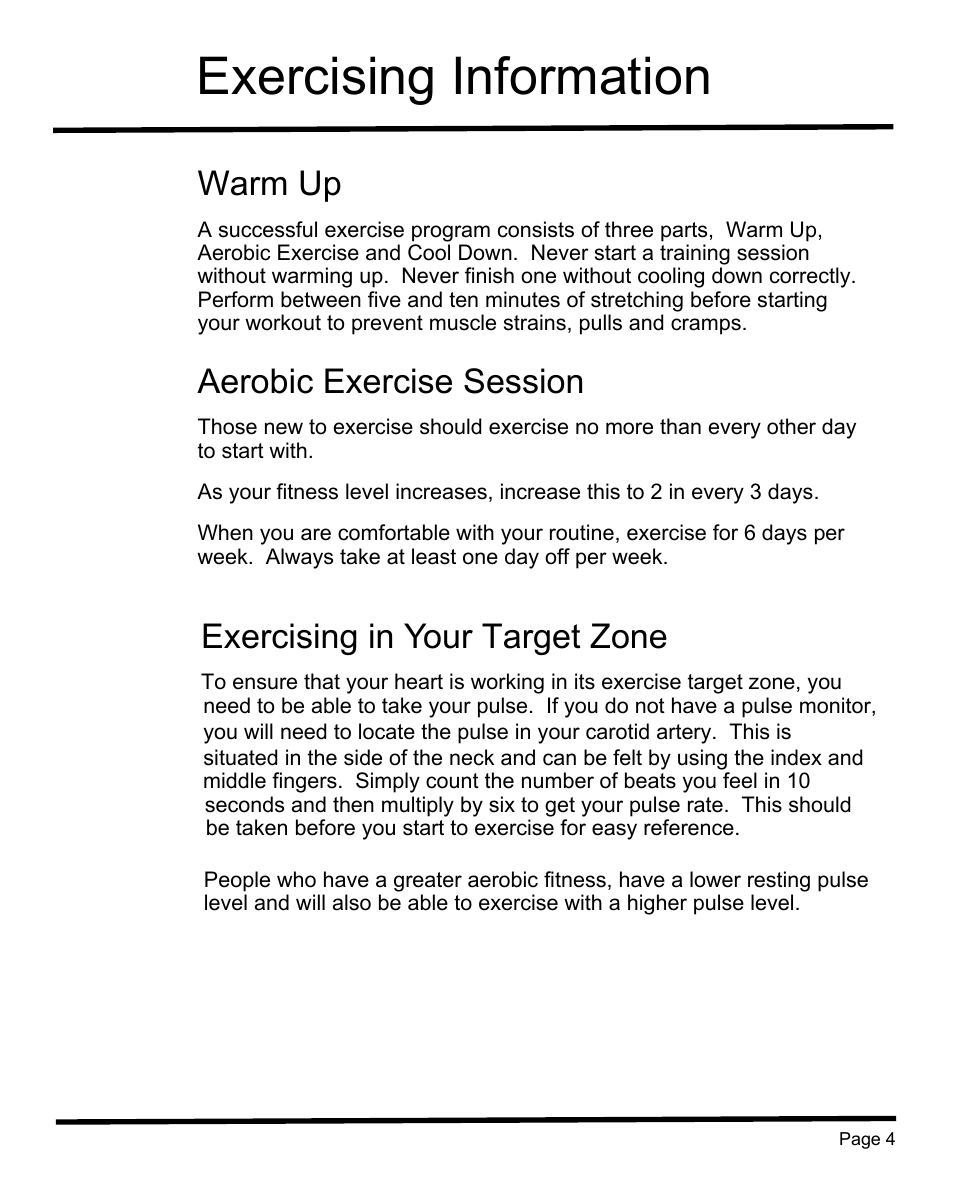 Exercising information, Warm up, Aerobic exercise session | Exercising in y our target zone | Sunny Health & Fitness SF-B1004 User Manual | Page 5 / 18