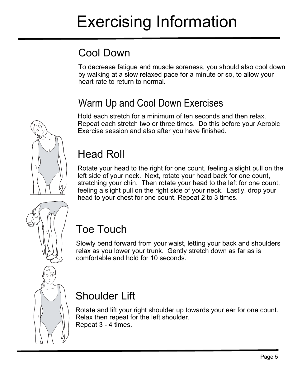 Exercising information, Cool down, Warm up and cool down exercises | Head roll, Toe touch, Shoulder lift | Sunny Health & Fitness SF-B1004 User Manual | Page 6 / 18