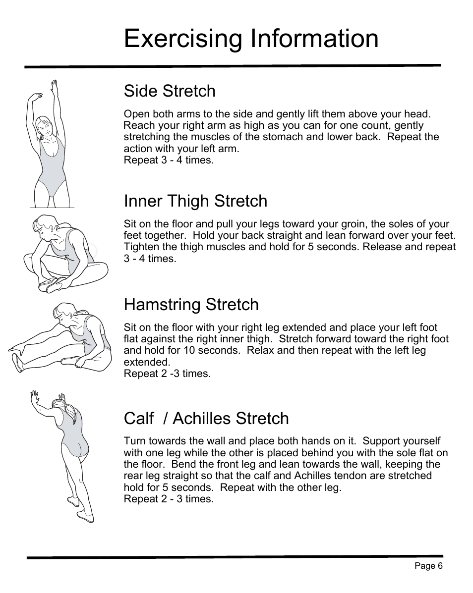 Exercising information, Side stretch, Inner thigh stretch | Hamstring stretch, Calf / achilles stretch | Sunny Health & Fitness SF-B1004 User Manual | Page 7 / 18