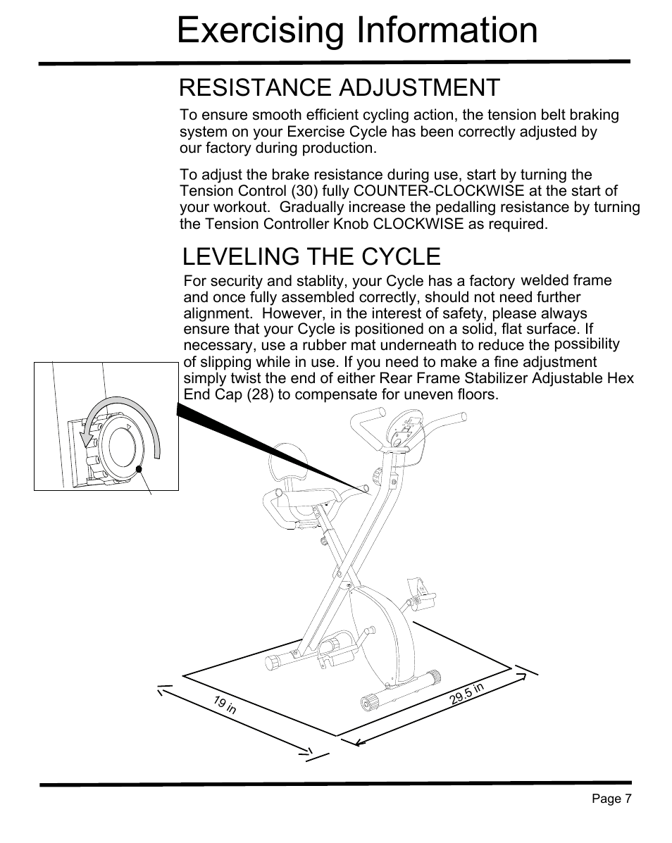 Exercising information, Resistance adjustment, Leveling the cycle | Sunny Health & Fitness SF-B1004 User Manual | Page 8 / 18