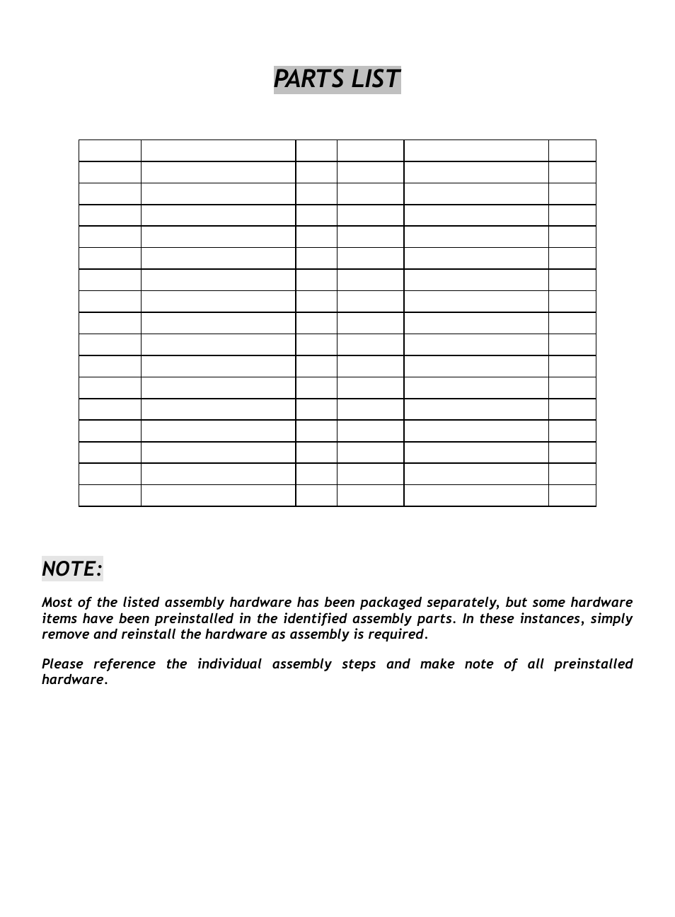 Parts list | Sunny Health & Fitness SF-B904 User Manual | Page 4 / 6