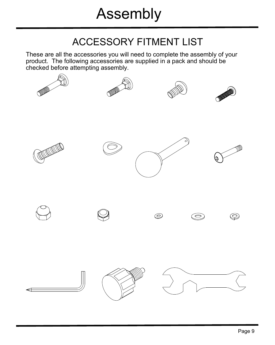 Assembly, Accessory fitment list | Sunny Health & Fitness SF-RB1202 User Manual | Page 10 / 16