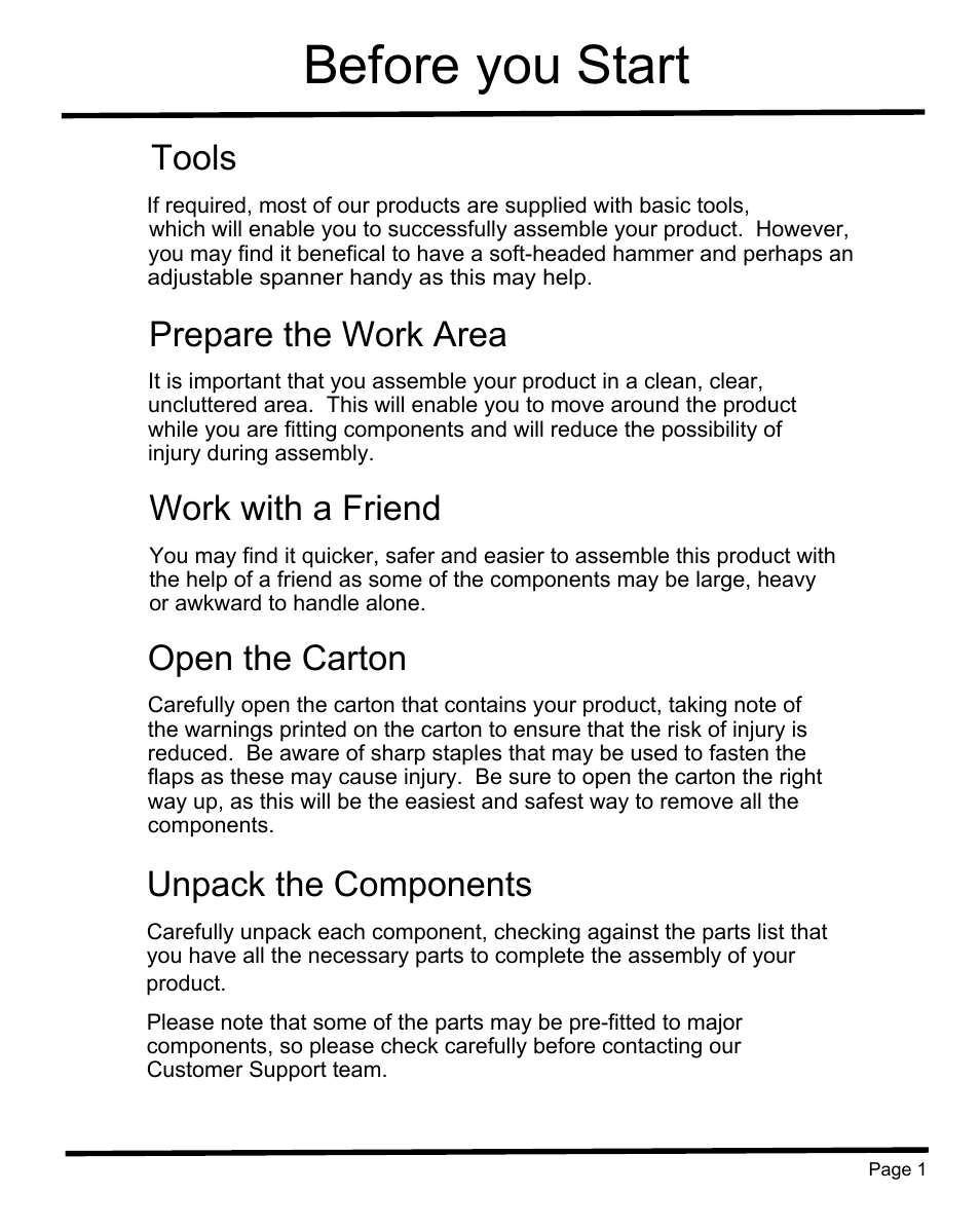 Before you start, Tools, Prepare the work area | Work with a friend, Open the carton, Unpack the components | Sunny Health & Fitness SF-RB1202 User Manual | Page 2 / 16