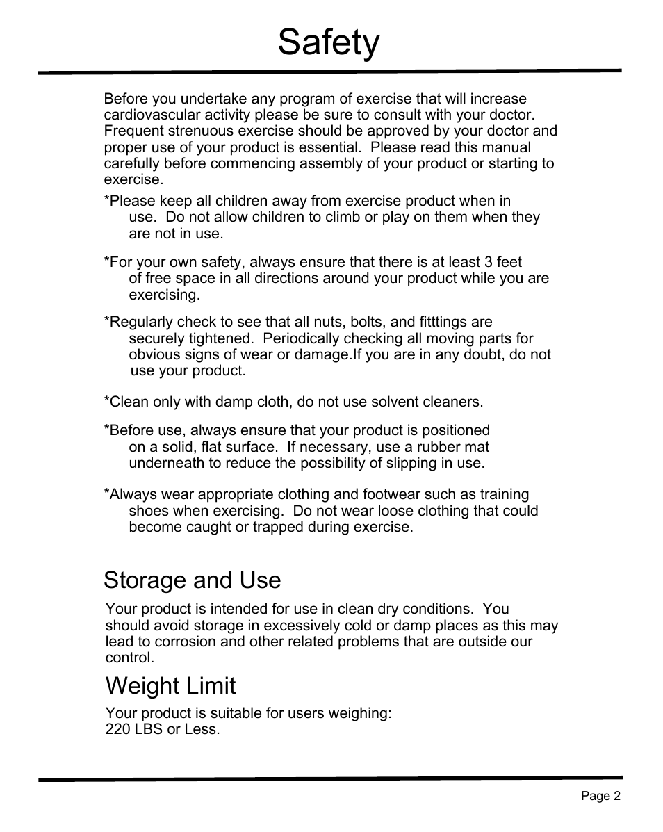 Safety, Storage and use, Weight limit | Sunny Health & Fitness SF-RB1202 User Manual | Page 3 / 16