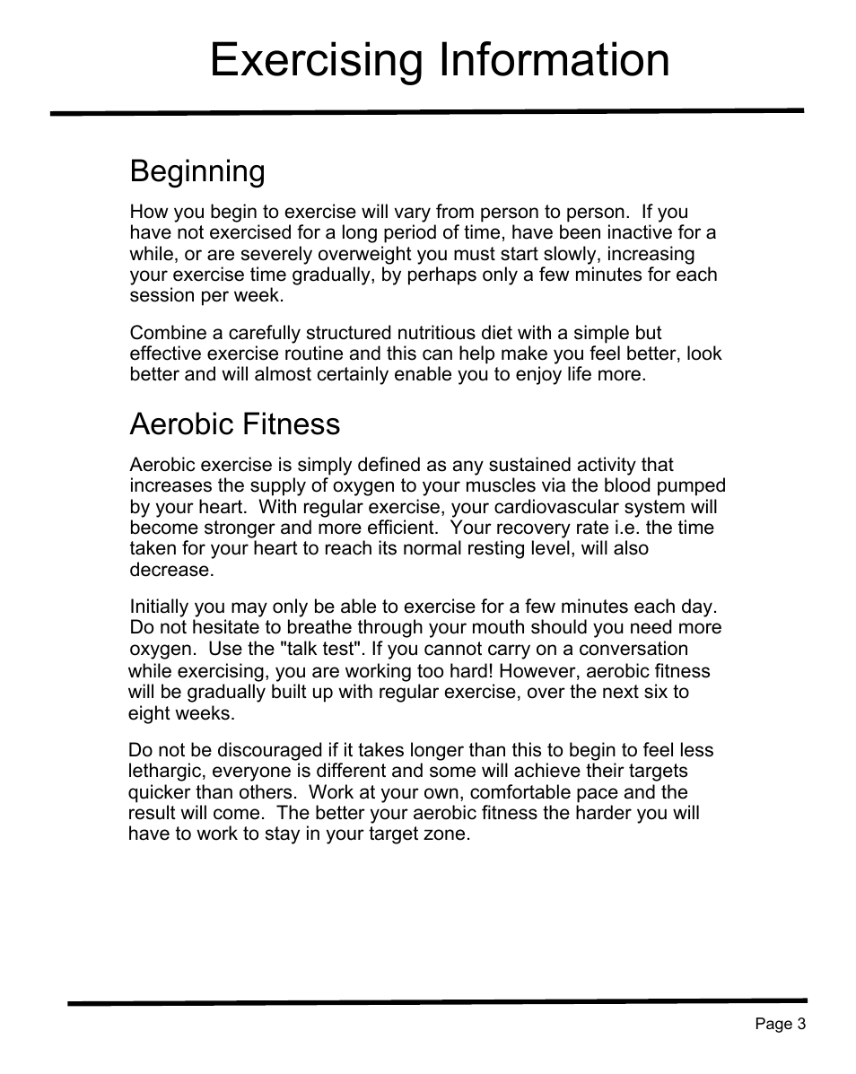 Exercising information, Beginning, Aerobic fitness | Sunny Health & Fitness SF-RB1202 User Manual | Page 4 / 16