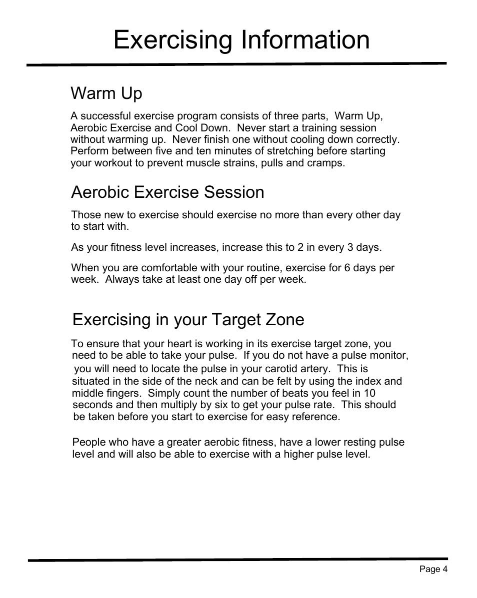 Exercising information, Warm up, Aerobic exercise session | Exercising in your target zone | Sunny Health & Fitness SF-RB1202 User Manual | Page 5 / 16