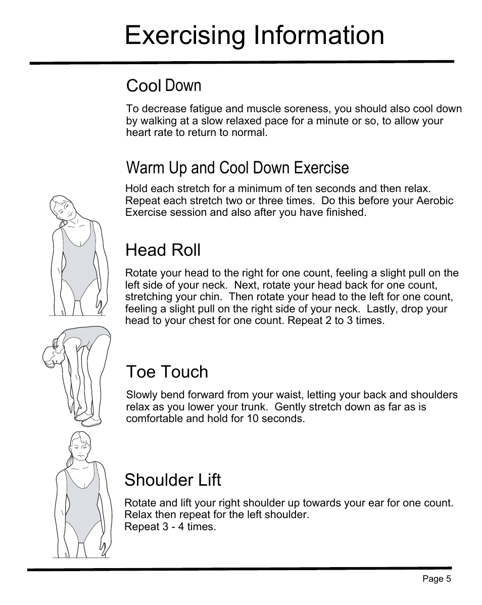 Exercising information, Cool, Warm up and cool down exercise | Head roll, Toe touch, Shoulder lift, Down | Sunny Health & Fitness SF-RB1202 User Manual | Page 6 / 16