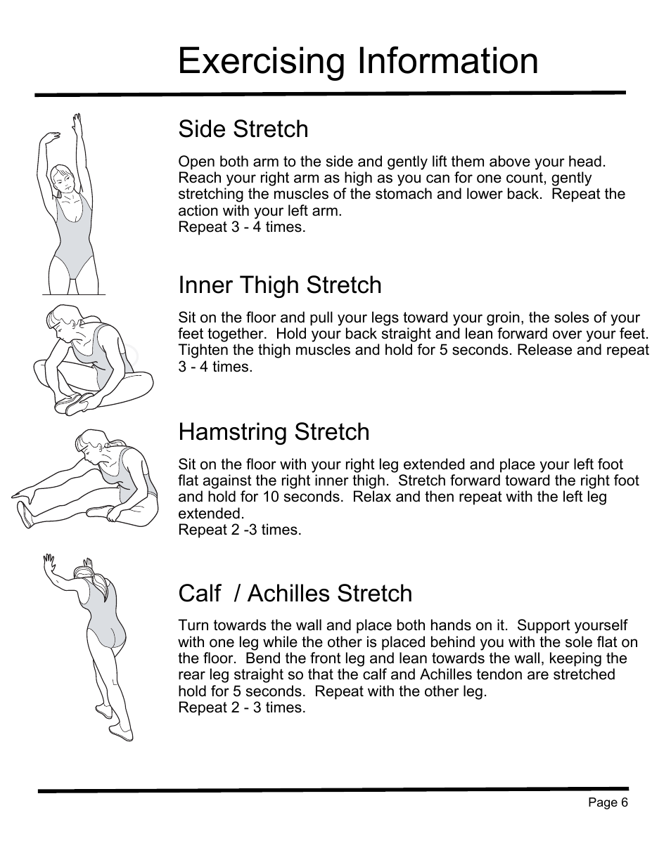 Exercising information, Side stretch, Inner thigh stretch | Hamstring stretch, Calf / achilles stretch | Sunny Health & Fitness SF-RB1202 User Manual | Page 7 / 16