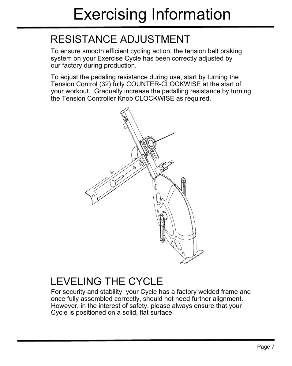 Exercising information, Resistance adjustment, Leveling the cycle | Sunny Health & Fitness SF-RB1202 User Manual | Page 8 / 16