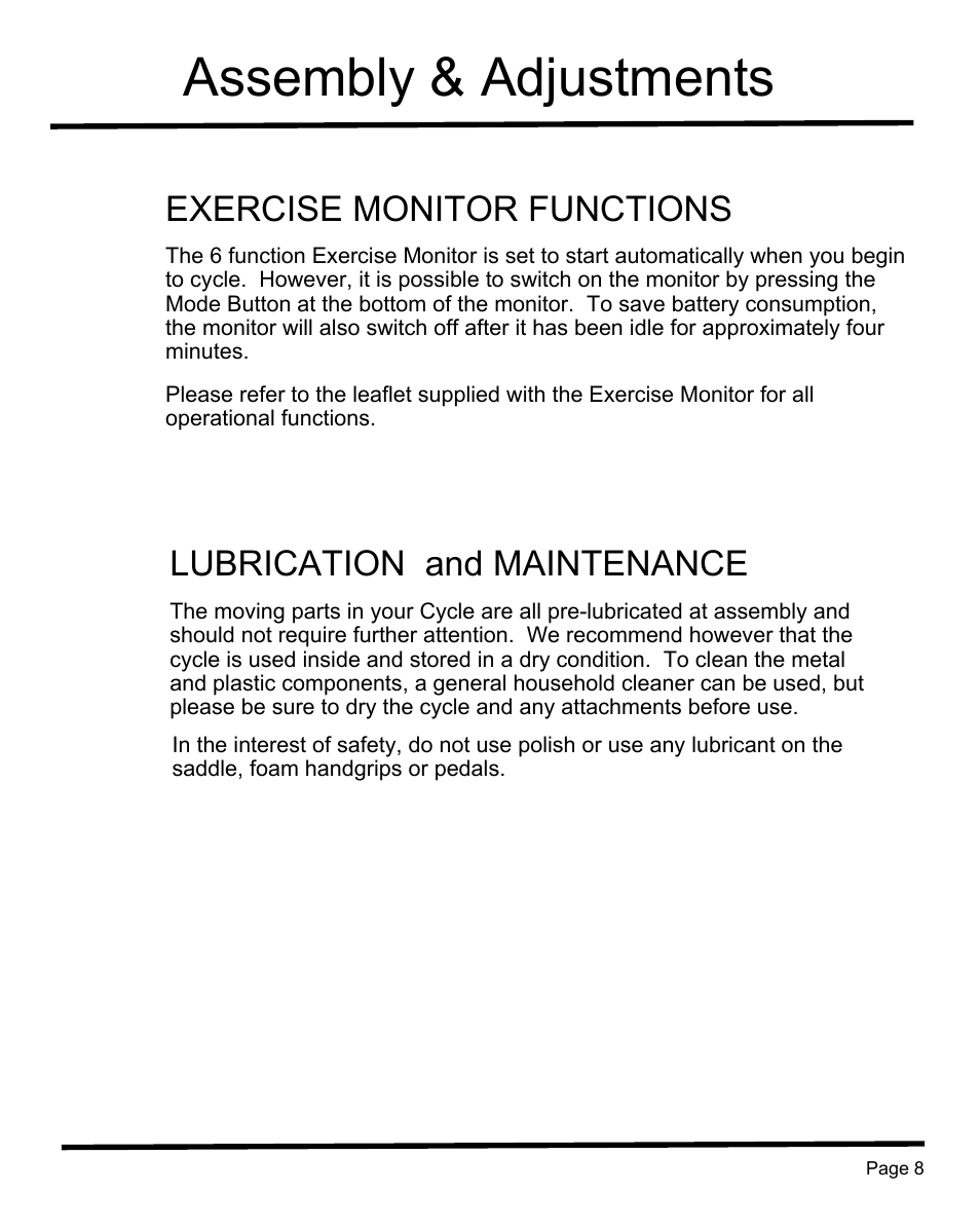 Assembly & adjustments, Exercise monitor functions, Lubrication and maintenance | Sunny Health & Fitness SF-RB1202 User Manual | Page 9 / 16