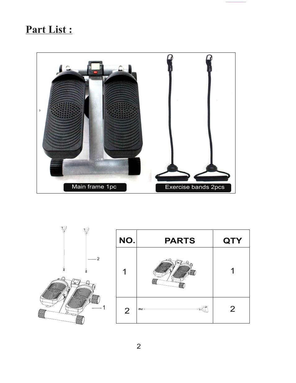 Part list, No. 1 1 2 2 parts qty | Sunny Health & Fitness 012S User Manual | Page 3 / 7