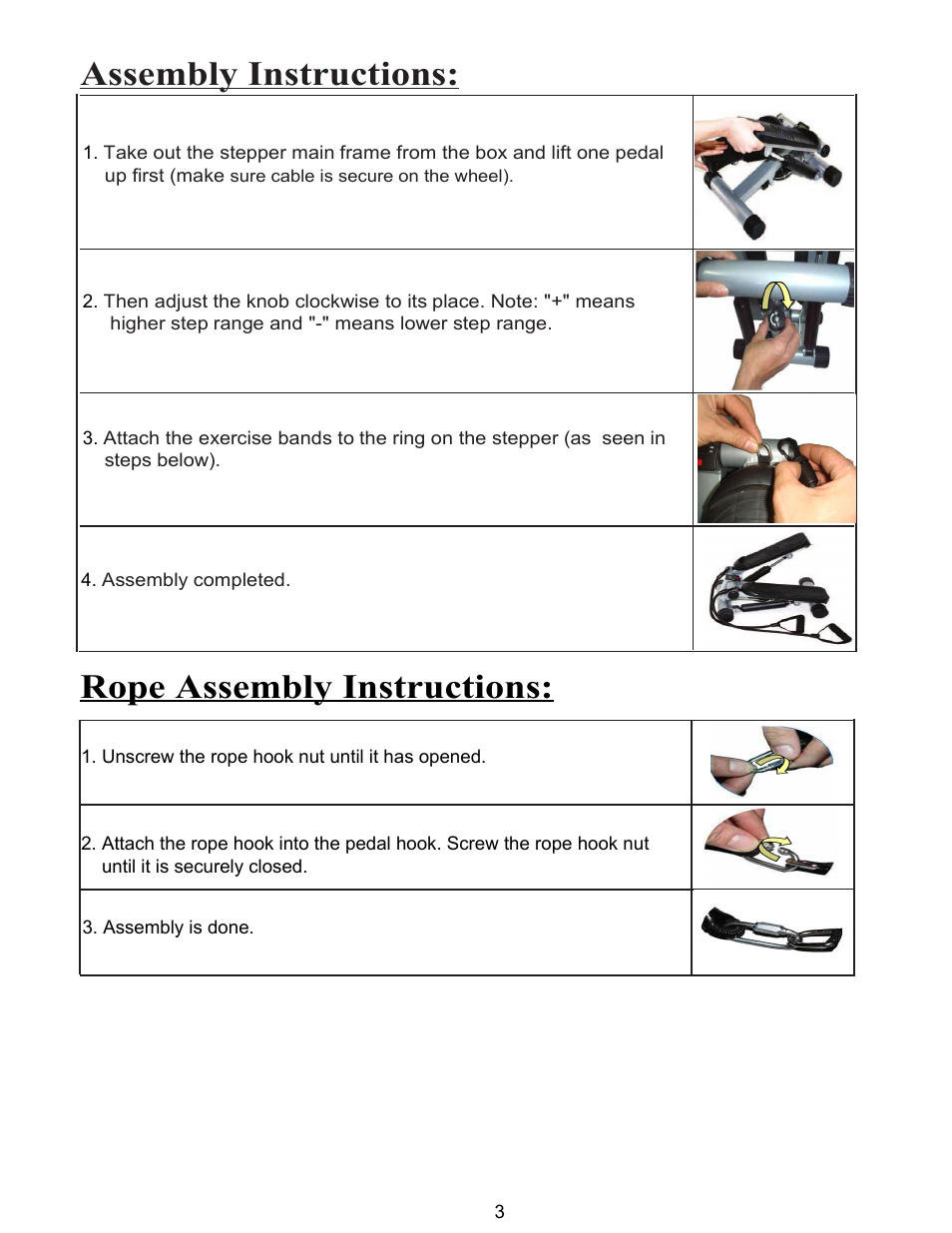 Assembly instructions, Rope assembly instructions | Sunny Health & Fitness 012S User Manual | Page 4 / 7