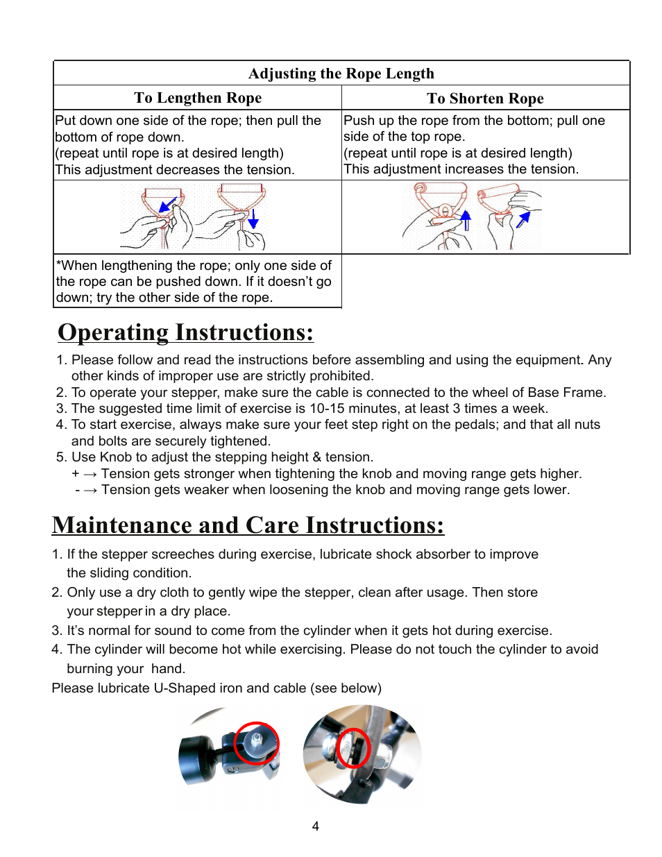 Operating instructions, Maintenance and care instructions | Sunny Health & Fitness 012S User Manual | Page 5 / 7