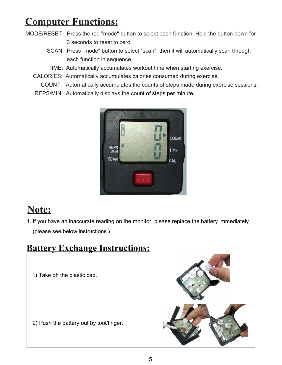 Battery exchange instructions | Sunny Health & Fitness 012S User Manual | Page 6 / 7