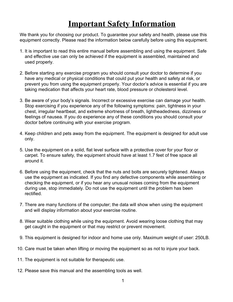 Important safety information | Sunny Health & Fitness 045 User Manual | Page 2 / 6