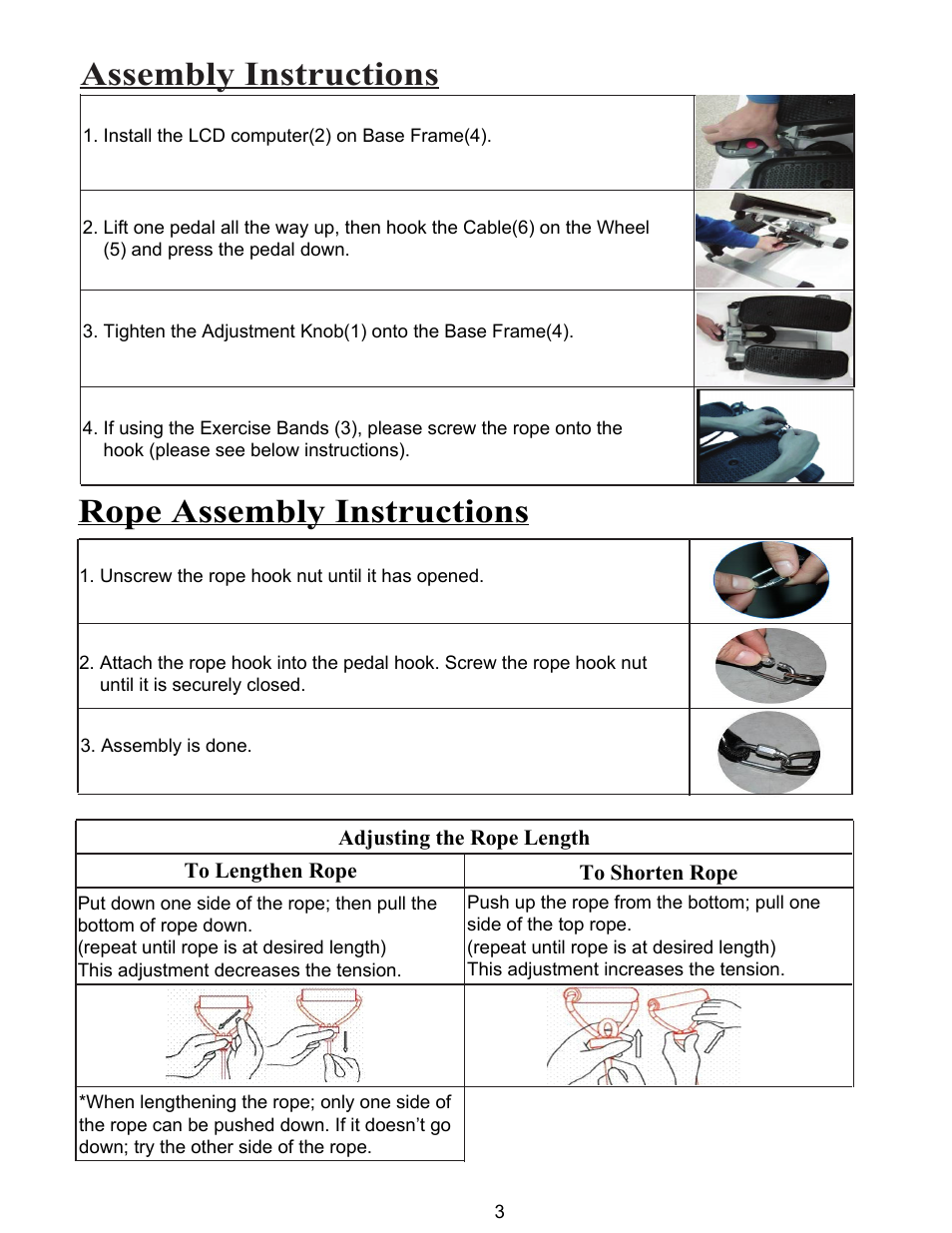 Assembly instructions, Rope assembly instructions | Sunny Health & Fitness 045 User Manual | Page 4 / 6