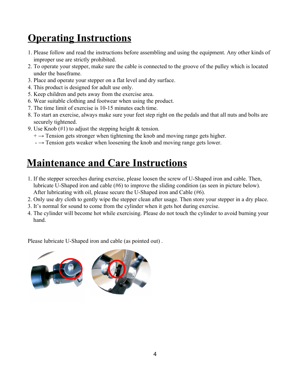 Operating instructions, Maintenance and care instructions | Sunny Health & Fitness 045 User Manual | Page 5 / 6