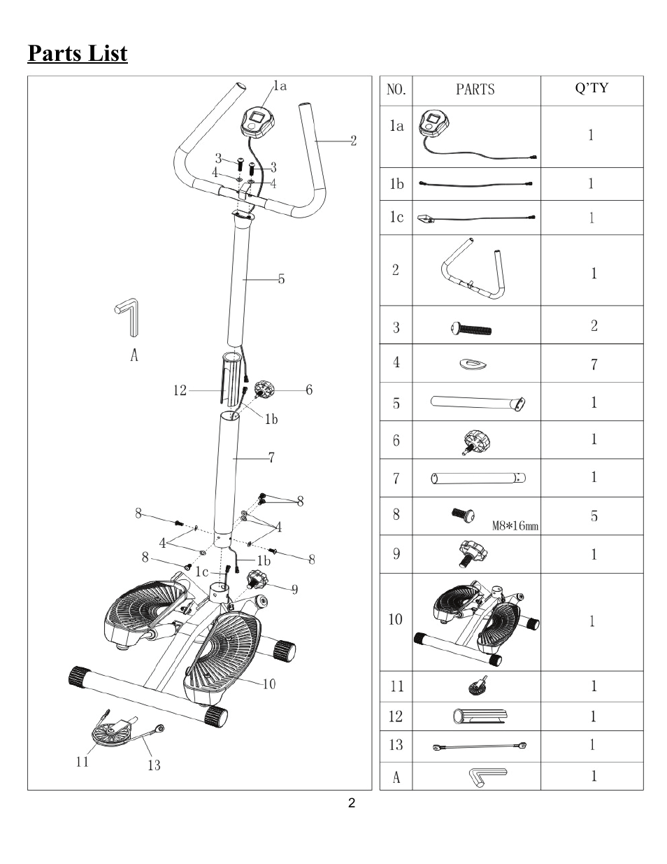 Parts list, Q’ty | Sunny Health & Fitness 059 User Manual | Page 3 / 7