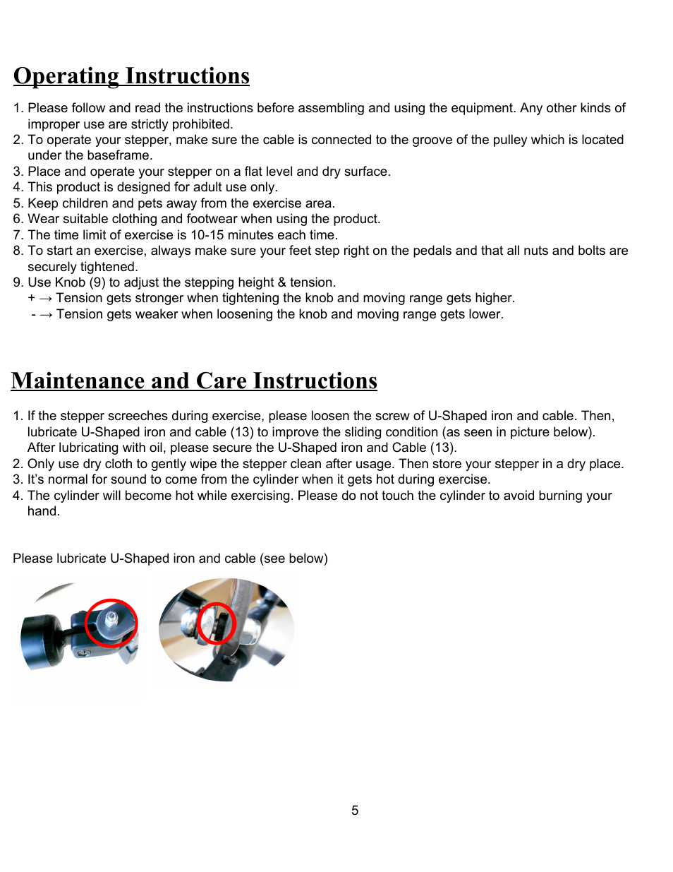 Operating instructions, Maintenance and care instructions | Sunny Health & Fitness 059 User Manual | Page 6 / 7