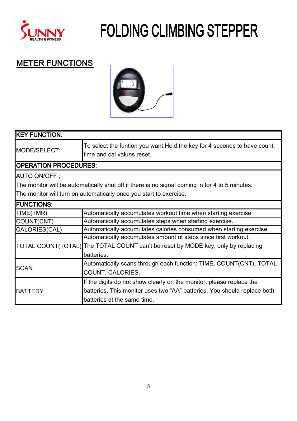 Meter functions | Sunny Health & Fitness SF-1115 User Manual | Page 6 / 7