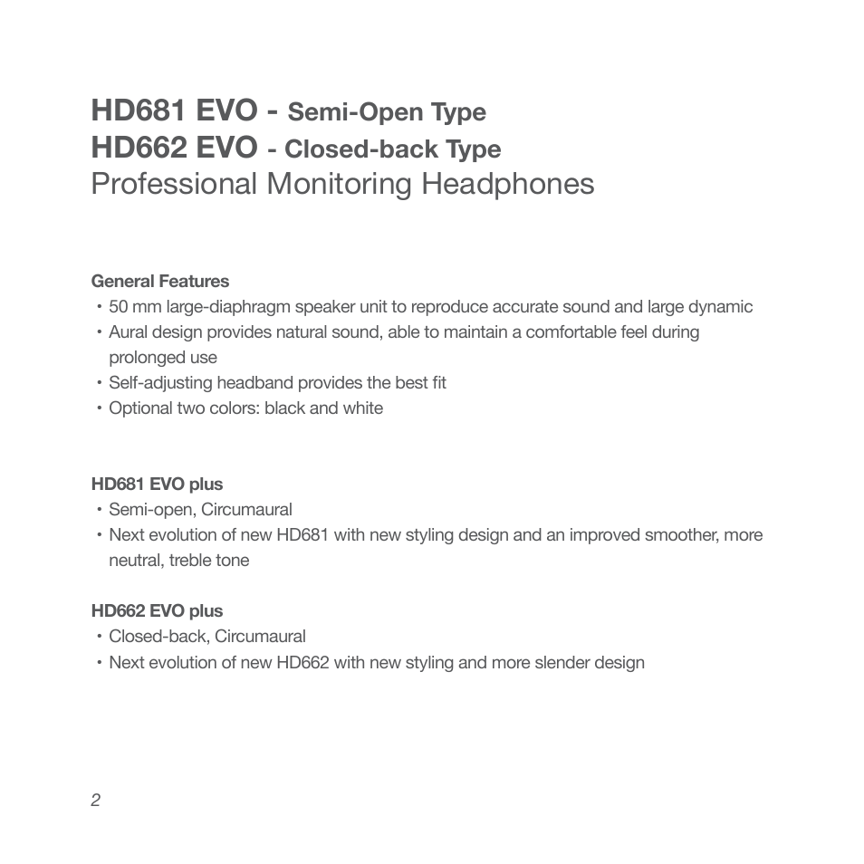 Hd681 evo, Hd662 evo, Professional monitoring headphones | Semi-open type, Closed-back type | Superlux HD662EVO User Manual | Page 2 / 24
