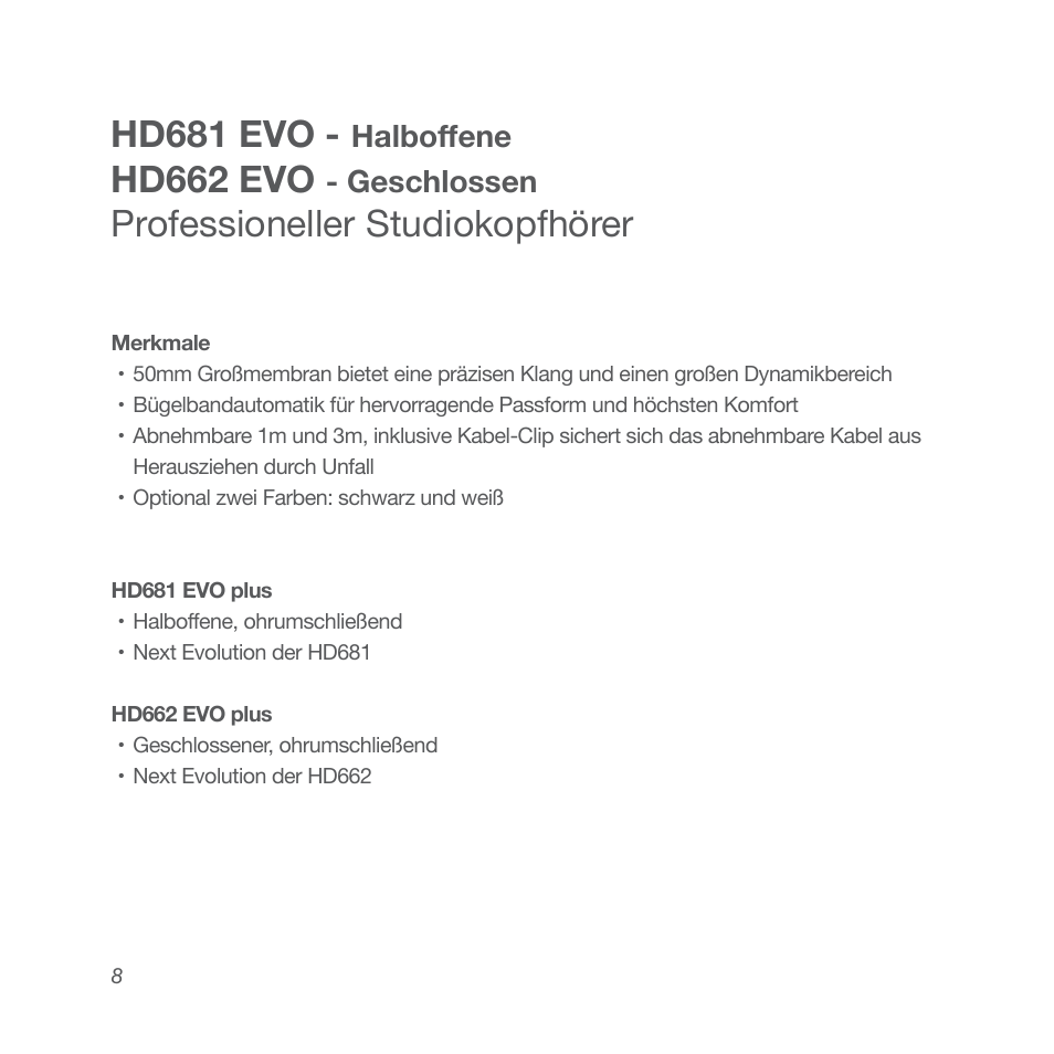 Hd681 evo, Hd662 evo, Professioneller studiokopfhörer | Halboffene, Geschlossen | Superlux HD662EVO User Manual | Page 8 / 24