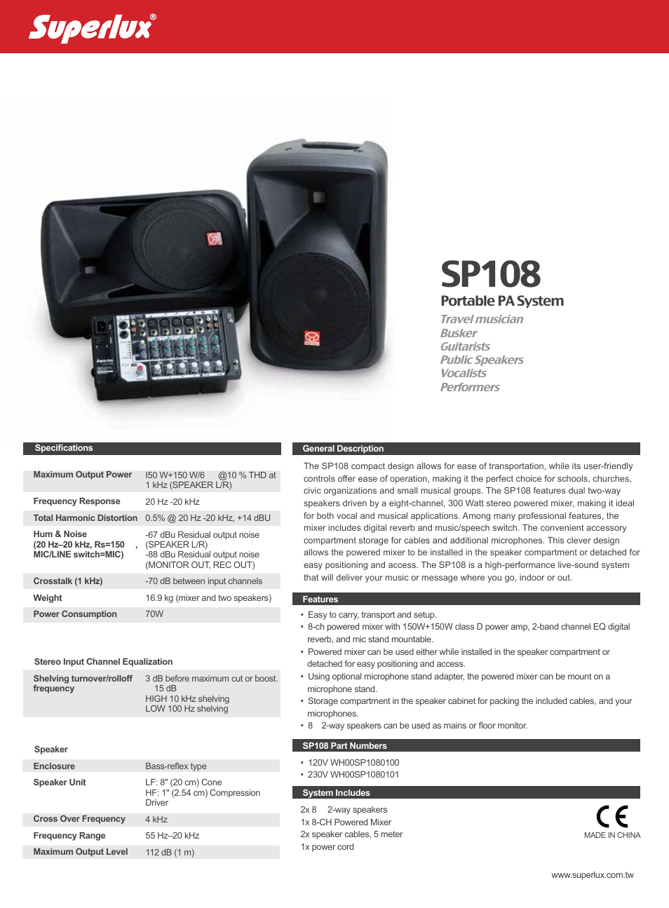 Superlux SP108 User Manual | 3 pages