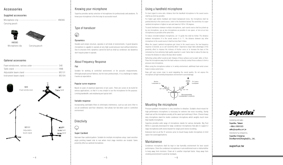 Accessories, Directivity knowing your microphone, Mounting the microphone maintainence | Using a handheld microphone, Type of transducer about frequency response, Supplied accessories optional accessories | Superlux D108B User Manual | Page 2 / 2