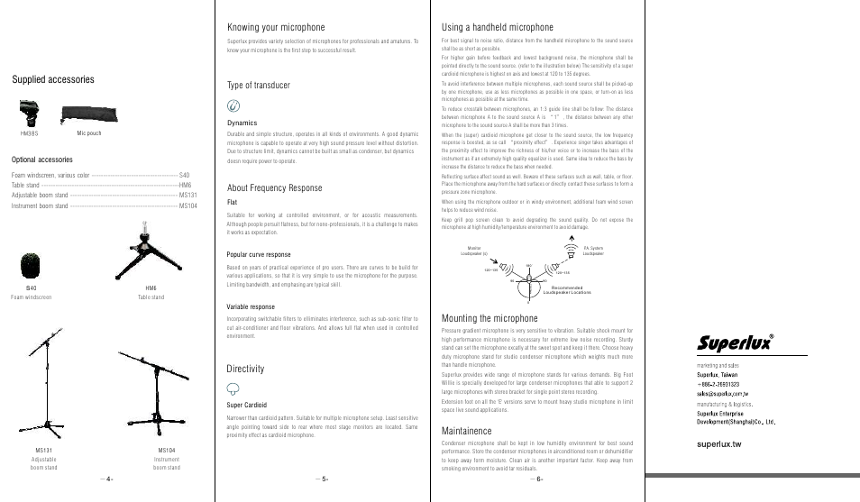 Directivity, Knowing your microphone, Mounting the microphone maintainence | Using a handheld microphone, Supplied accessories, Type of transducer about frequency response, Optional accessories | Superlux D105S User Manual | Page 2 / 2