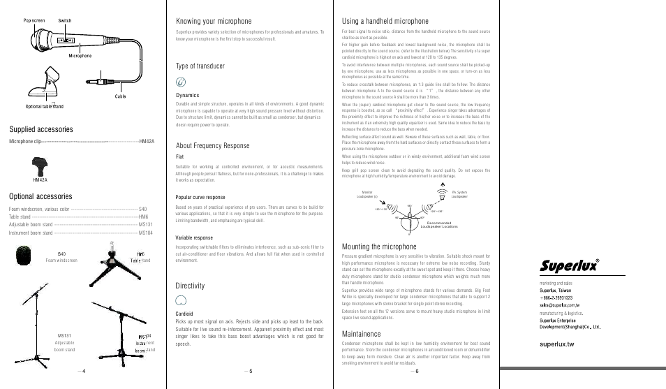 Optional accessories, Directivity, Knowing your microphone | Mounting the microphone maintainence, Using a handheld microphone, Supplied accessories, Type of transducer about frequency response | Superlux D106 User Manual | Page 2 / 2