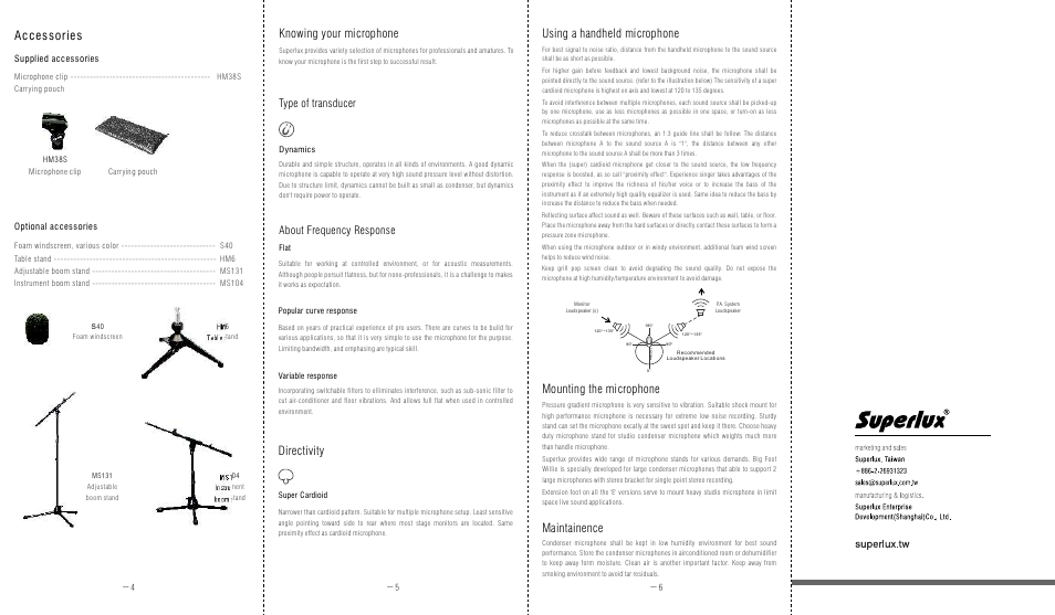 Accessories, Directivity knowing your microphone, Mounting the microphone maintainence | Using a handheld microphone, Type of transducer about frequency response, Supplied accessories optional accessories | Superlux D107B User Manual | Page 2 / 2