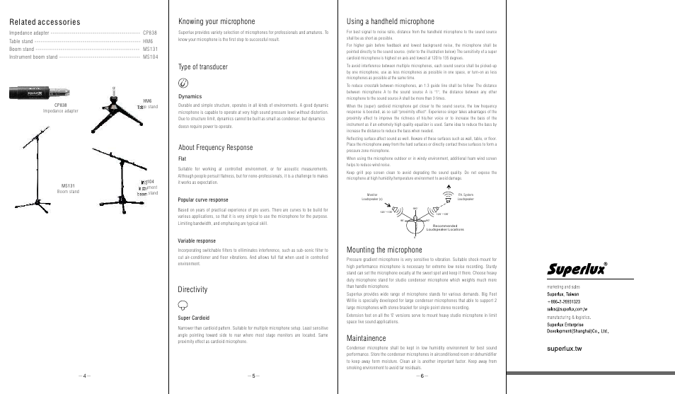 Directivity, Knowing your microphone, Mounting the microphone maintainence | Using a handheld microphone, Related accessories, Type of transducer about frequency response | Superlux D109 User Manual | Page 2 / 2