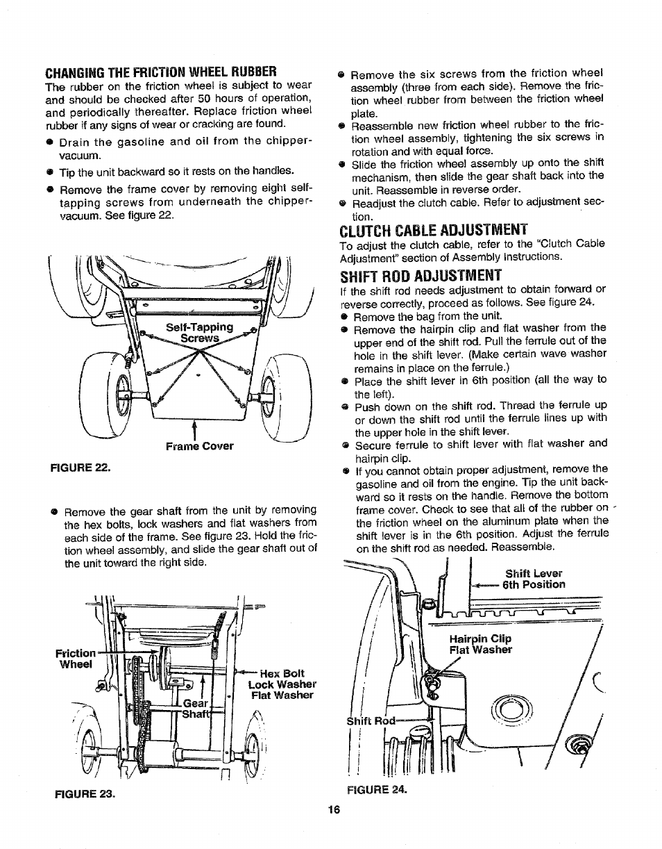 Changing the friction wheel rubber, Clutch cable adjustment, Shift rod adjustment | Craftsman 247.799640 User Manual | Page 16 / 31