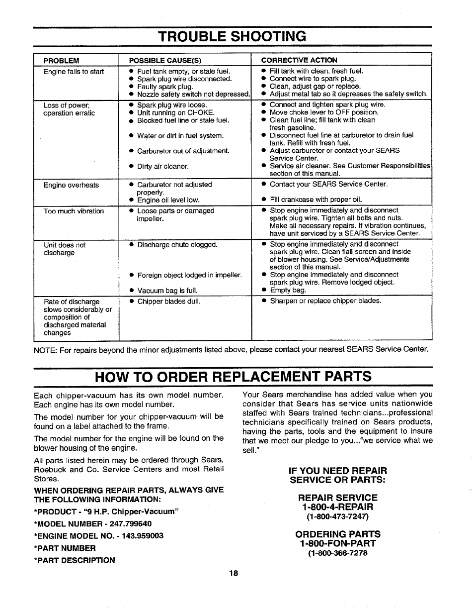 Trouble shooting, How to order replacement parts | Craftsman 247.799640 User Manual | Page 18 / 31