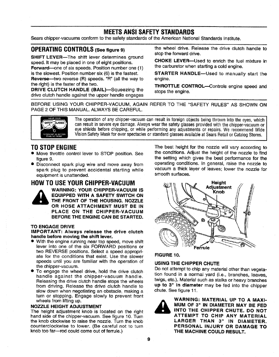 Meets ansi safety standards, Operating controls (see figure 9, To stop engine | How to use your chipper-vacuum | Craftsman 247.799640 User Manual | Page 9 / 31