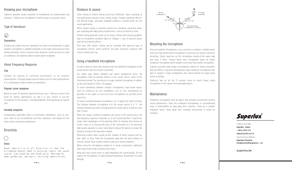 Directivity knowing your microphone, Mounting the microphone maintainence, Distance to source | Using a handheld microphone, Type of transducer about frequency response | Superlux D10A User Manual | Page 2 / 2