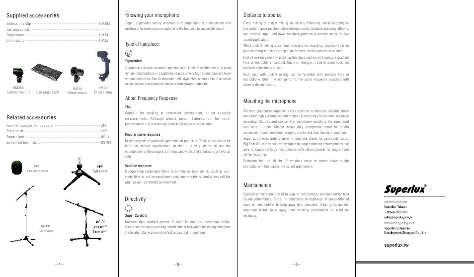 Mounting the microphone maintainence, Distance to source, Directivity knowing your microphone | Supplied accessories, Related accessories, Type of transducer about frequency response | Superlux D10B User Manual | Page 2 / 2