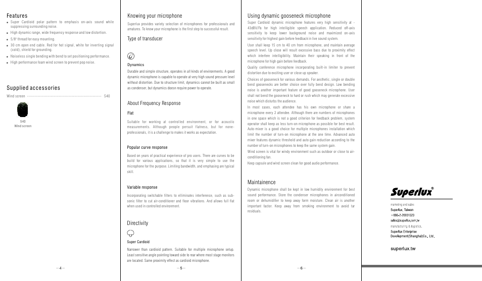 Supplied accessories, Features, Knowing your microphone | Directivity maintainence, Using dynamic gooseneck microphone, Type of transducer about frequency response | Superlux D302 User Manual | Page 2 / 2