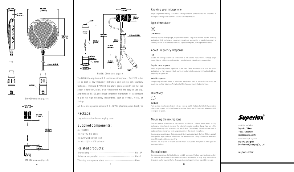 Supplied components: package: related products, Maintainence, Mounting the microphone | Directivity, About frequency response, Knowing your microphone, Type of transducer | Superlux DRK681 User Manual | Page 2 / 2