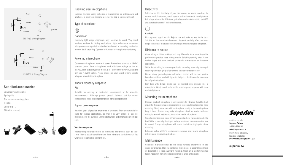 Supplied accessories, Knowing your microphone, Maintainence | Mounting the microphone, Distance to source, Directivity, Type of transducer, Powering microphone about frequency response | Superlux E101 User Manual | Page 2 / 2