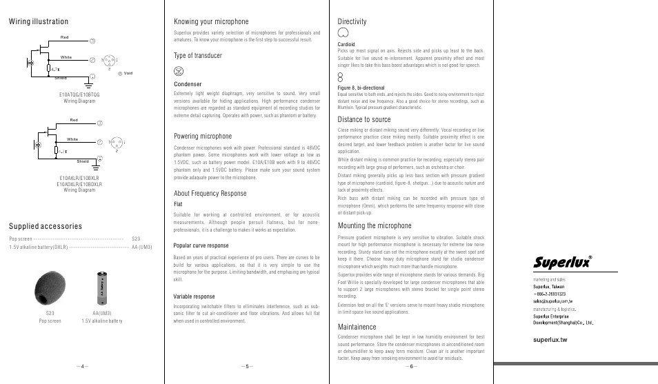 Wiring illustration supplied accessories, Knowing your microphone, Maintainence | Mounting the microphone, Distance to source, Directivity, Type of transducer, Powering microphone about frequency response | Superlux E10B User Manual | Page 2 / 2