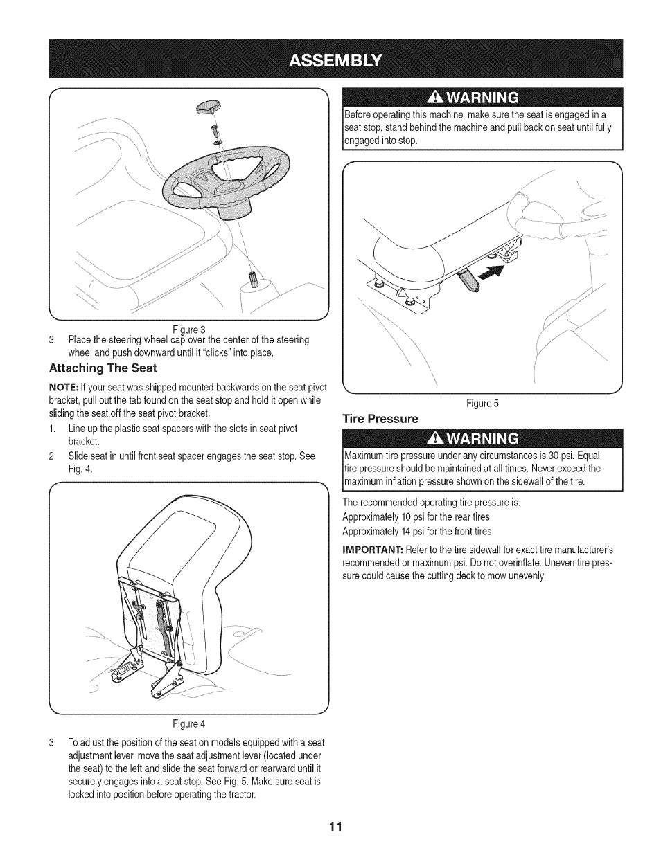 Attaching the seat, Awarning, Tire pressure | Assembly | Craftsman 247.28904 User Manual | Page 11 / 92