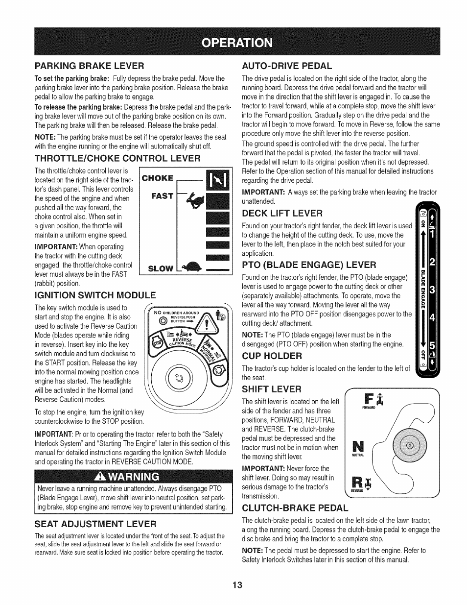 Throttle/choke control lever, Ignition switch module, Awarning | Seat adjustment lever, Auto-drive pedal, Deck lift lever, Pto (blade engage) lever, Cup holder, Shift lever, Clutch-brake pedal | Craftsman 247.28904 User Manual | Page 13 / 92