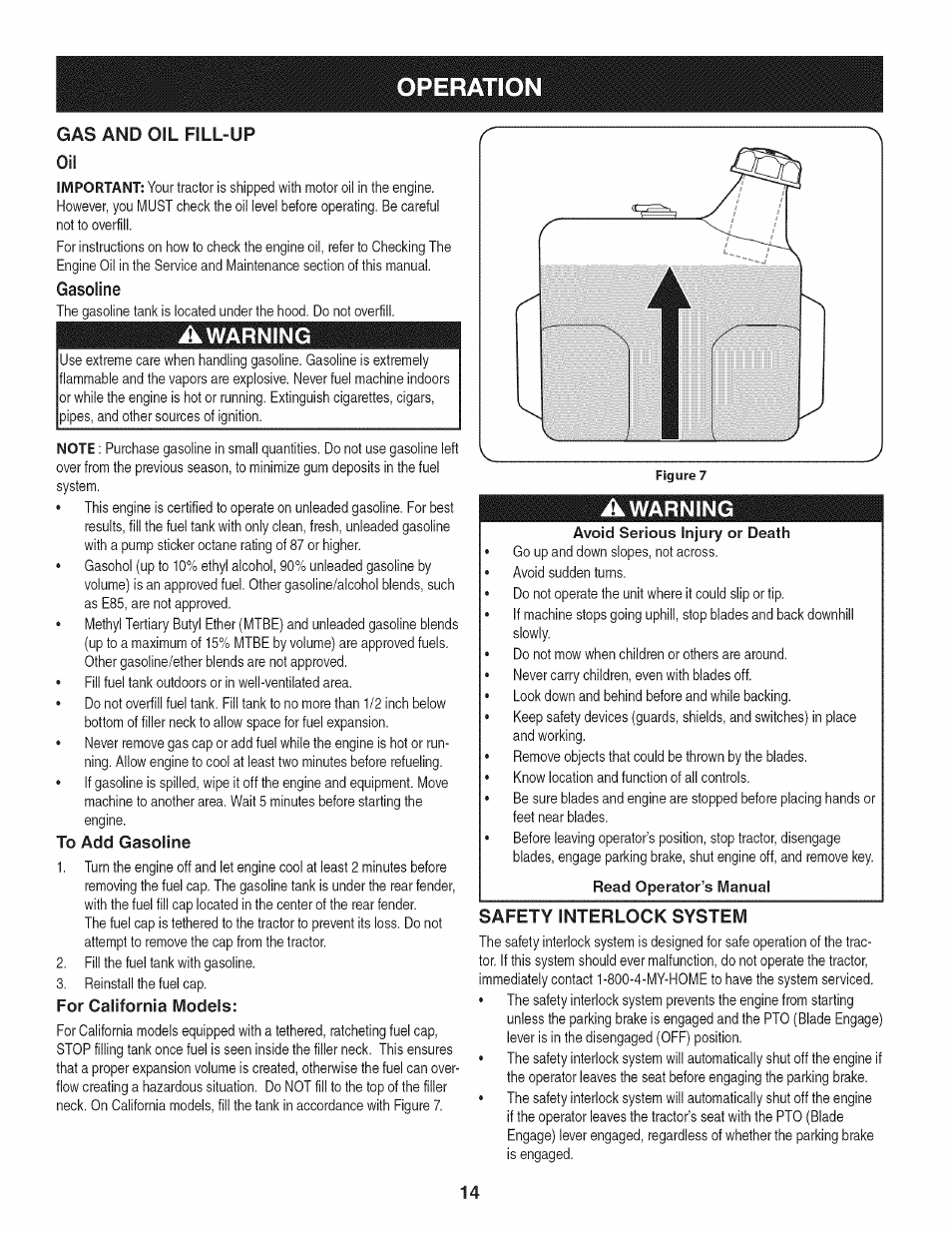 Gas and oil fill-up, Awarning, To add gasoline | For california models, Safety interlock system, Operation | Craftsman 247.28904 User Manual | Page 14 / 92