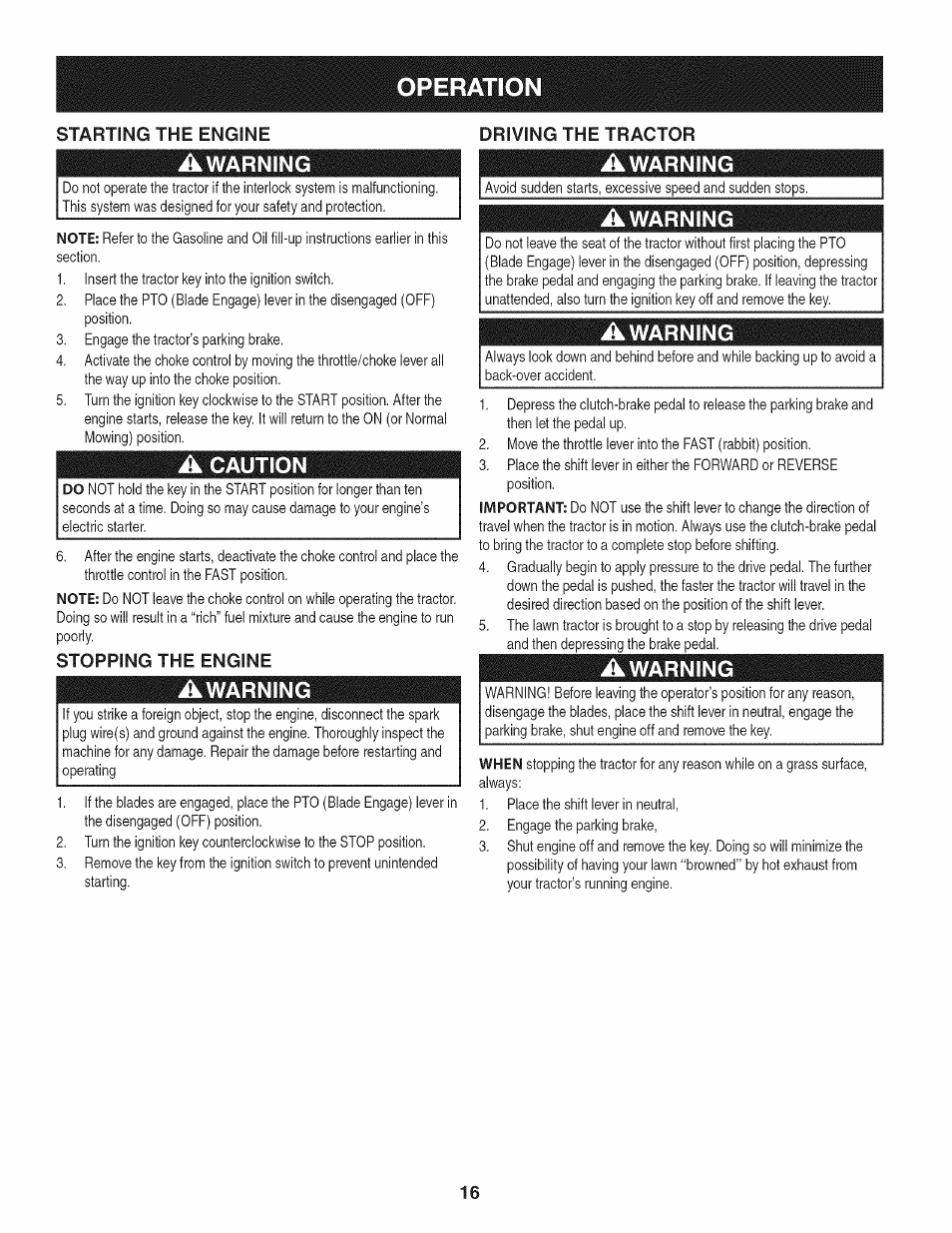 Awarning, A caution, Stopping the engine | Driving the tractor, Operation, Starting the engine | Craftsman 247.28904 User Manual | Page 16 / 92