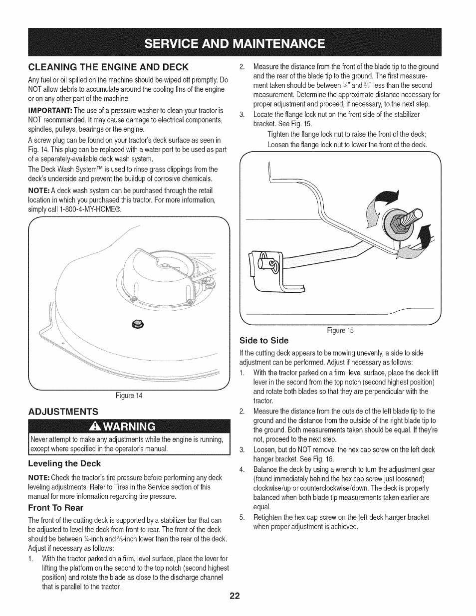 Adjustments, Awarning, Leveling the deck | Front to rear, Service and maintenance, Cleaning the engine and deck | Craftsman 247.28904 User Manual | Page 22 / 92