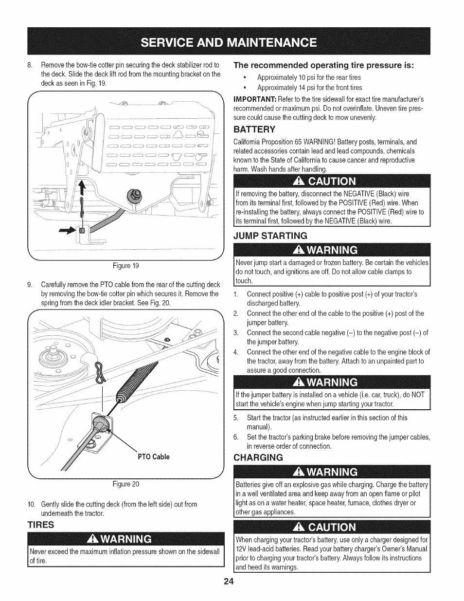 Tires, Awarning, The recommended operating tire pressure is | Battery, A caution, Jump starting, Charging, Service and maintenance | Craftsman 247.28904 User Manual | Page 24 / 92