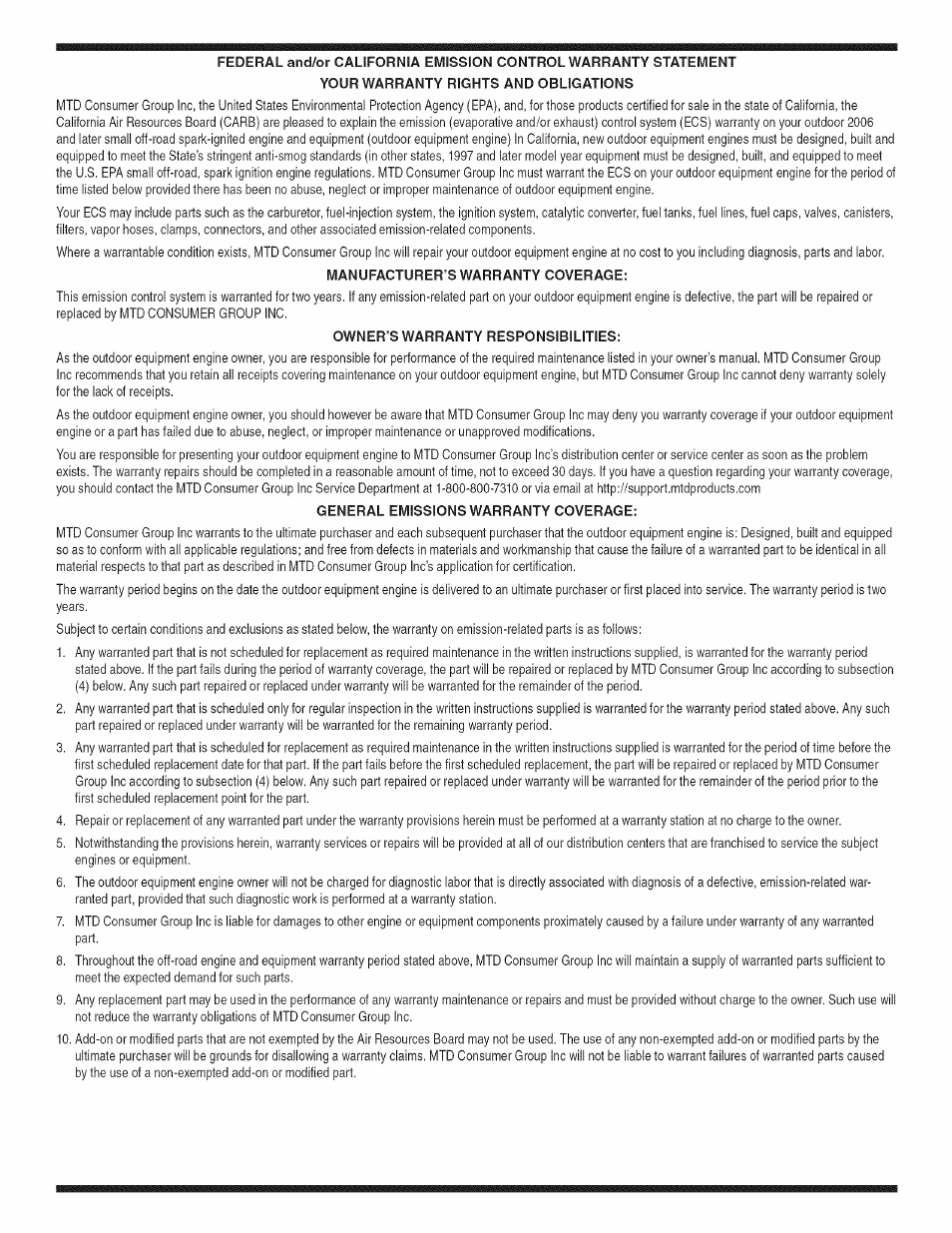 Manufacturer’s warranty coverage, Owner’s warranty responsibilities, General emissions warranty coverage | Craftsman 247.28904 User Manual | Page 56 / 92