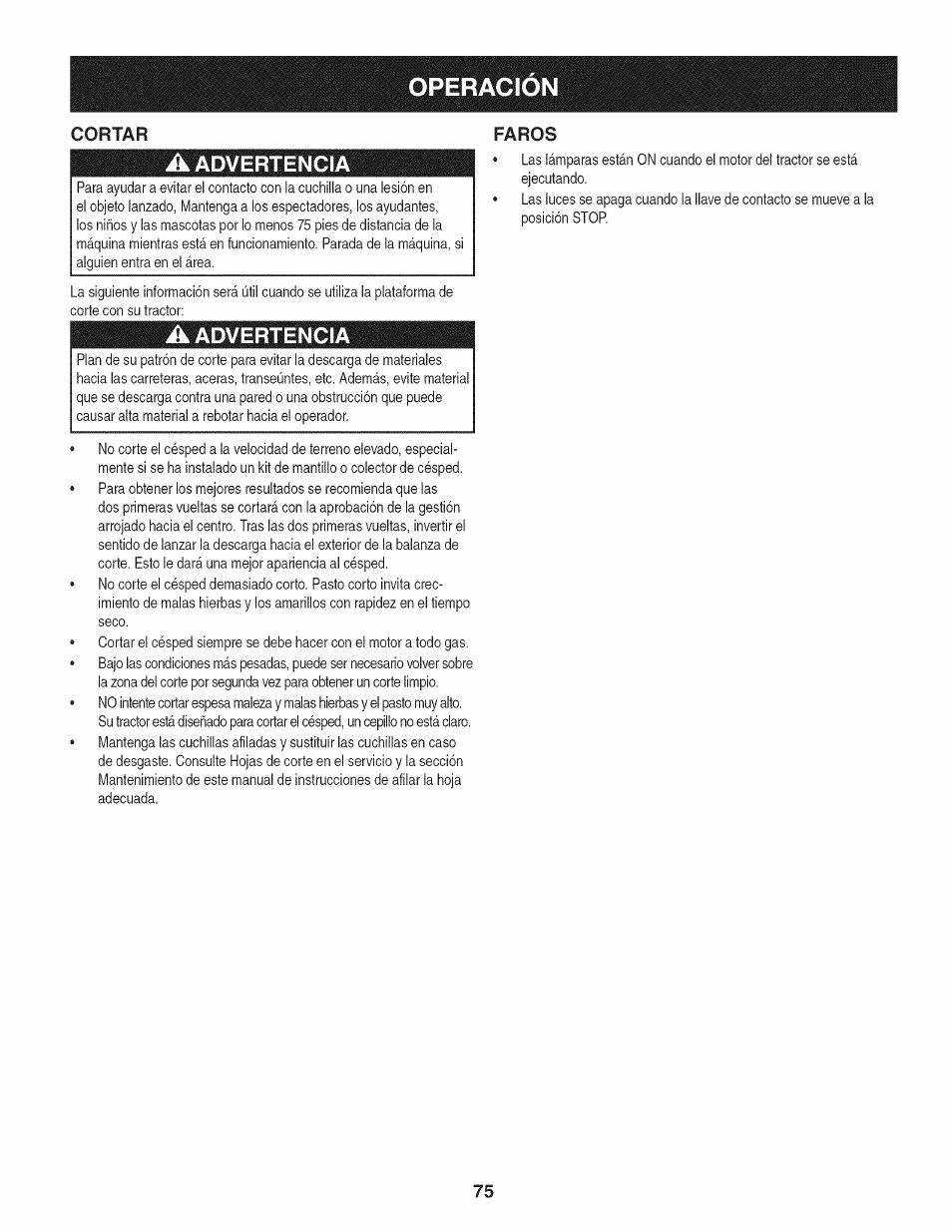 A advertencia, Faros, Operacio | Advertencia | Craftsman 247.28904 User Manual | Page 75 / 92